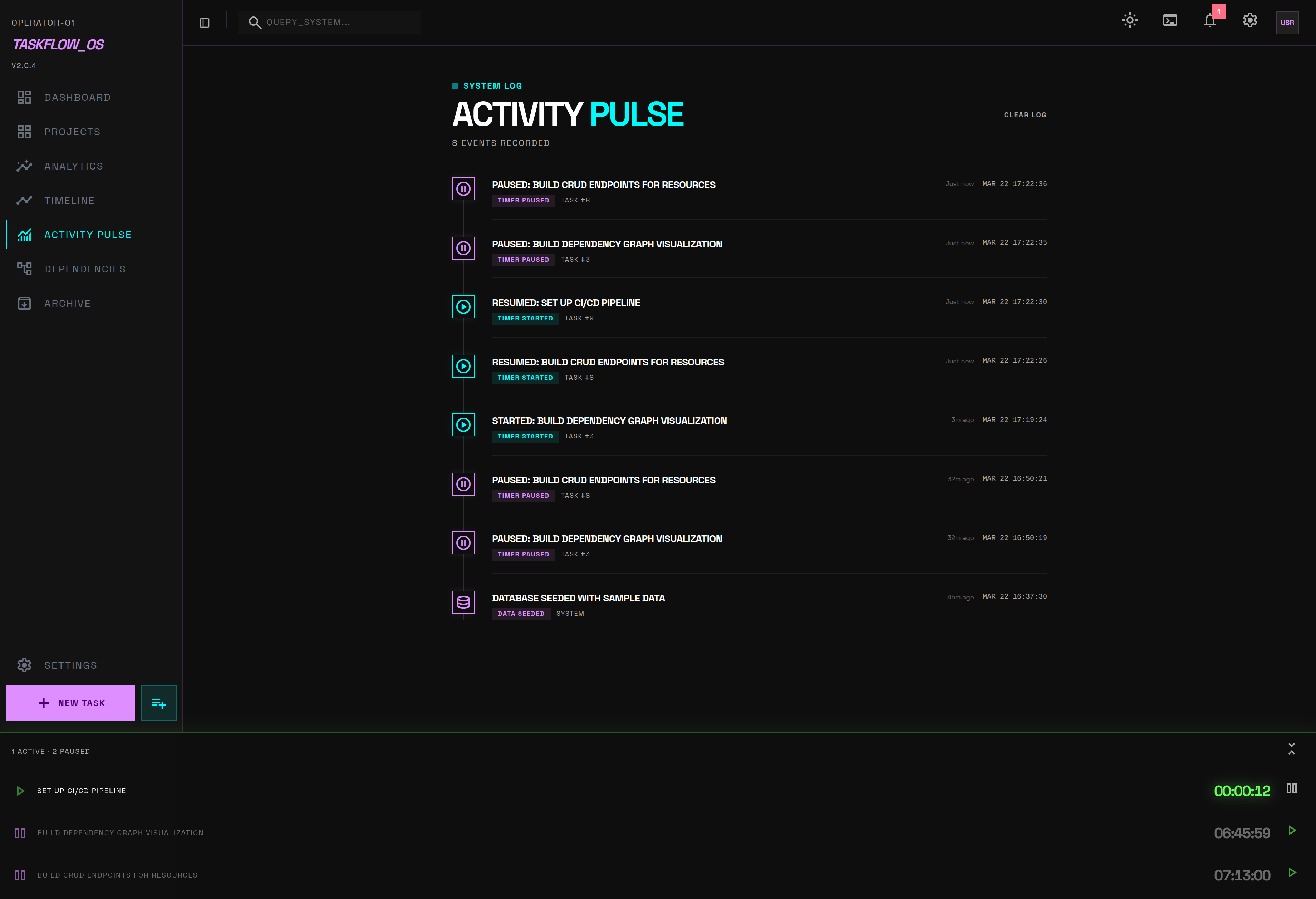 TaskFlow Activity Pulse — timer events, status changes, debug logs from AI agents