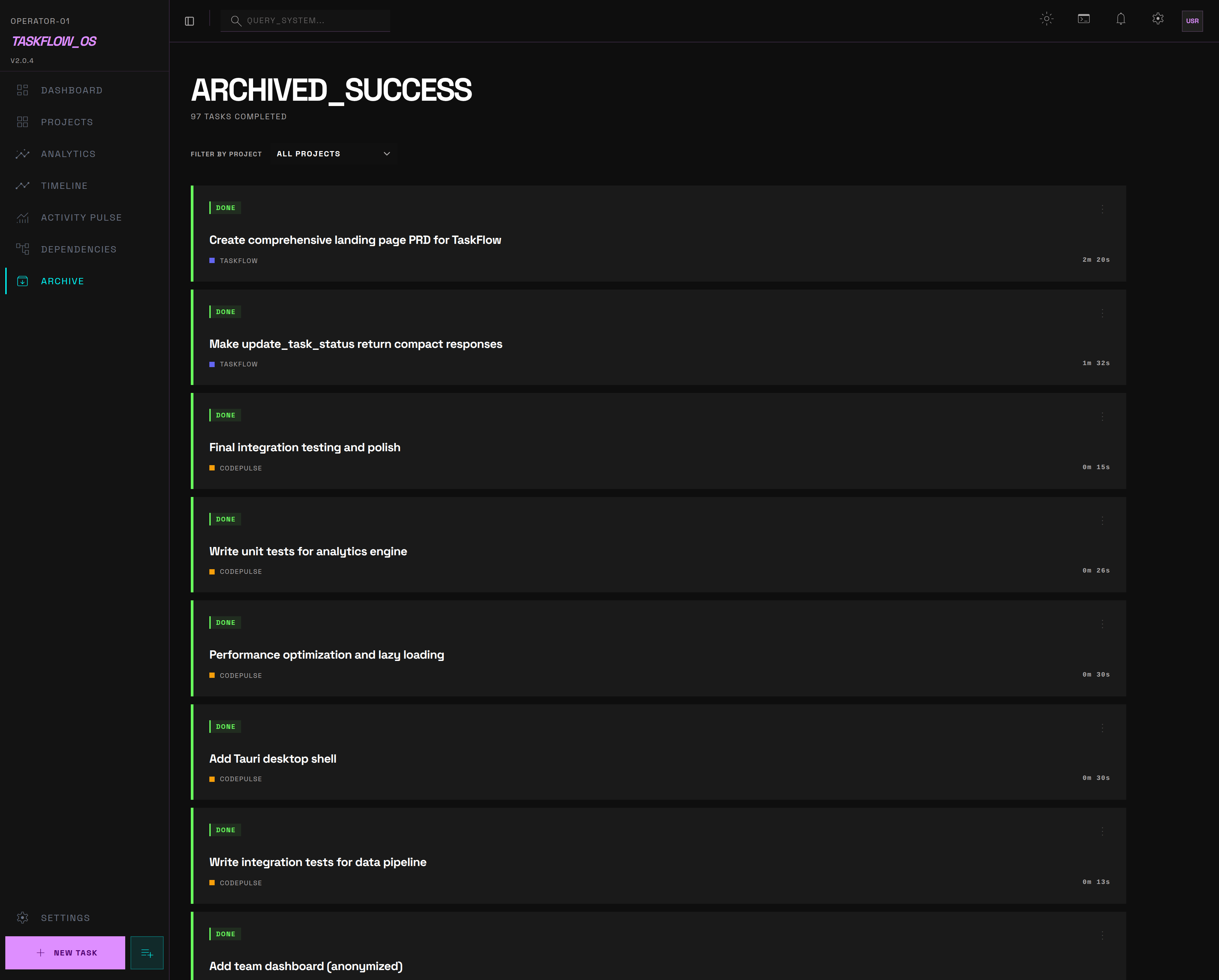 TaskFlow Archive — completed tasks across all projects with time tracking
