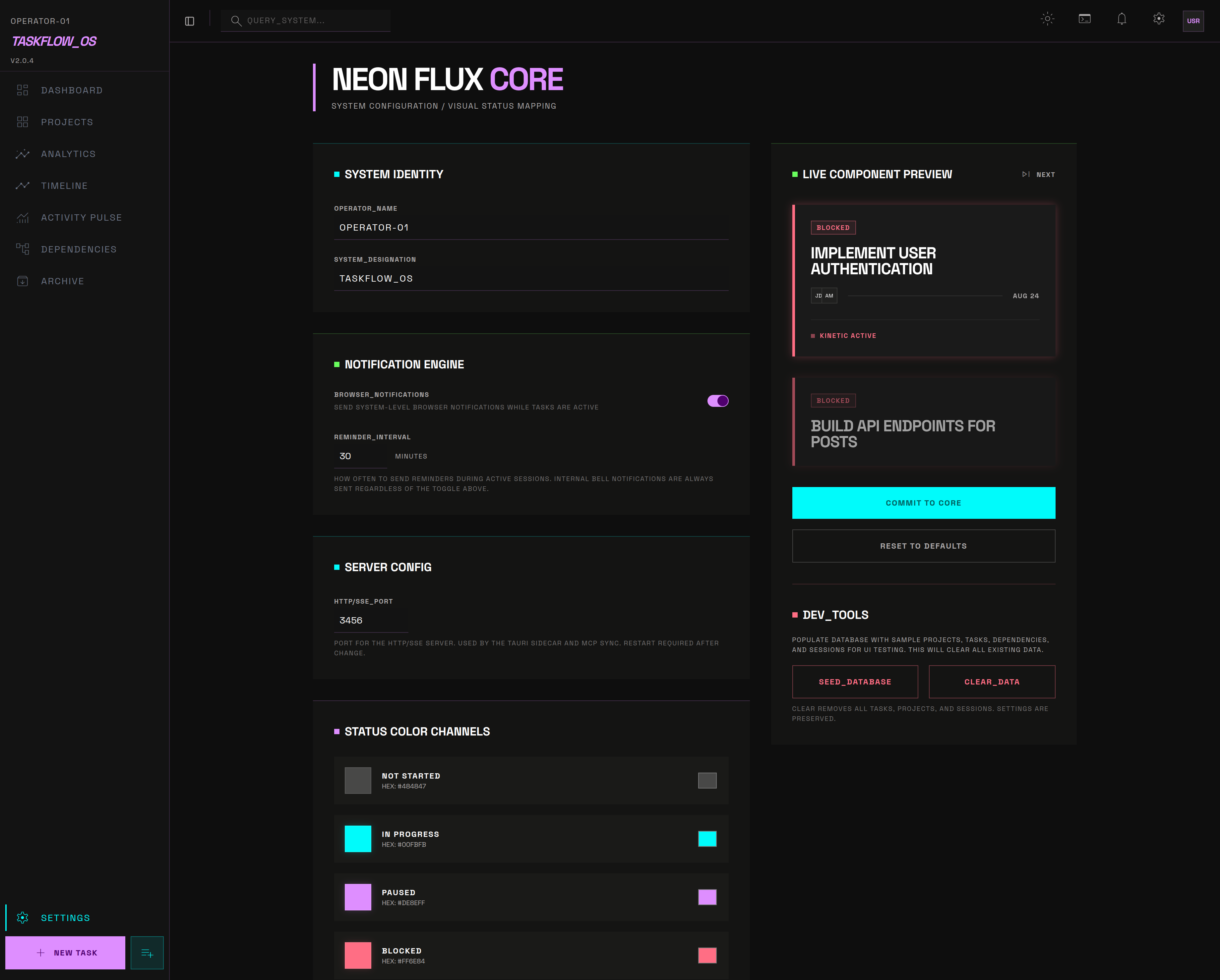 TaskFlow Settings — SSE port, notification engine, status colors, dev tools
