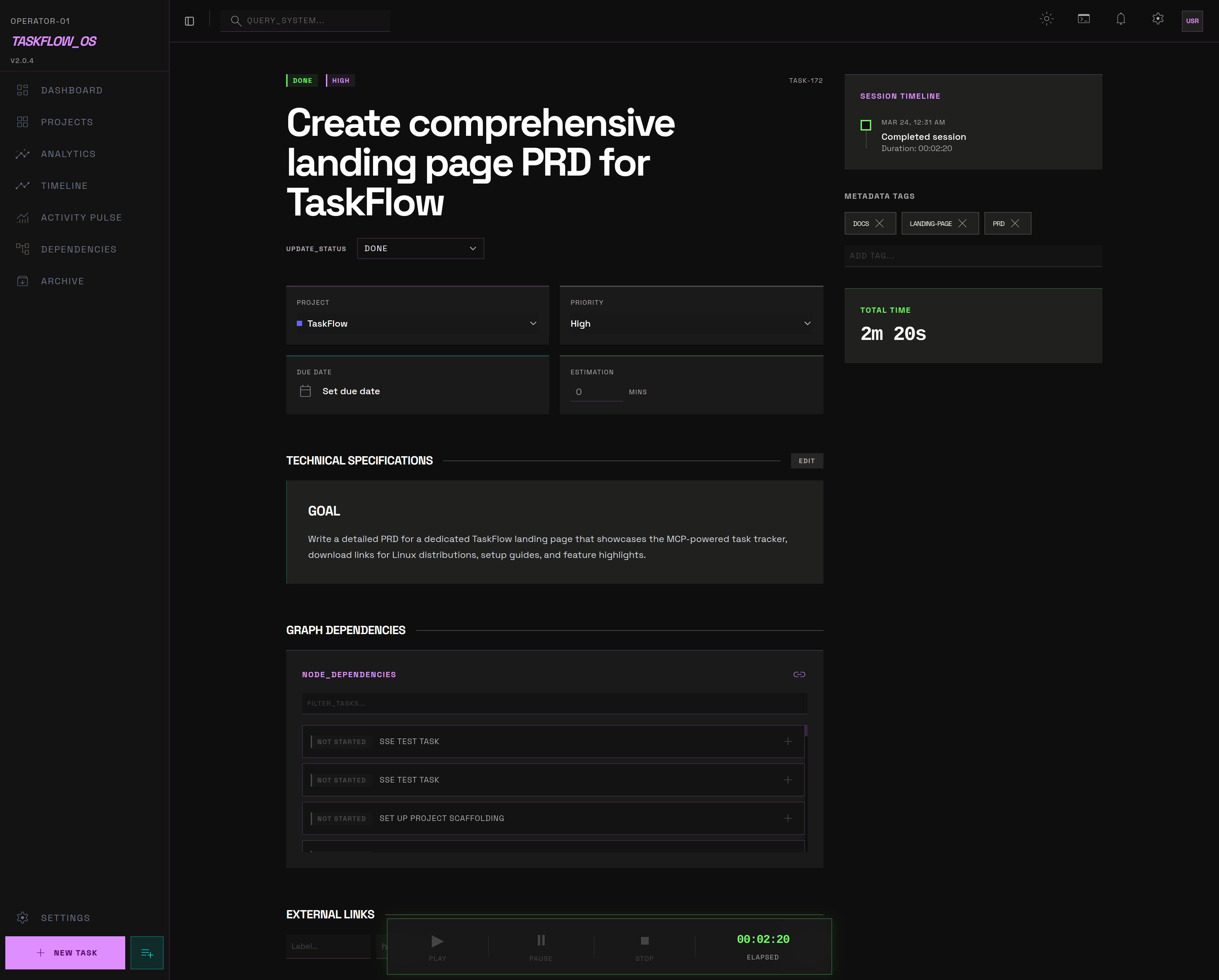 TaskFlow Task Detail — markdown description, session timeline, dependencies, tags
