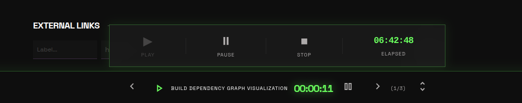 TaskFlow Floating Timer — play, pause, stop with elapsed time
