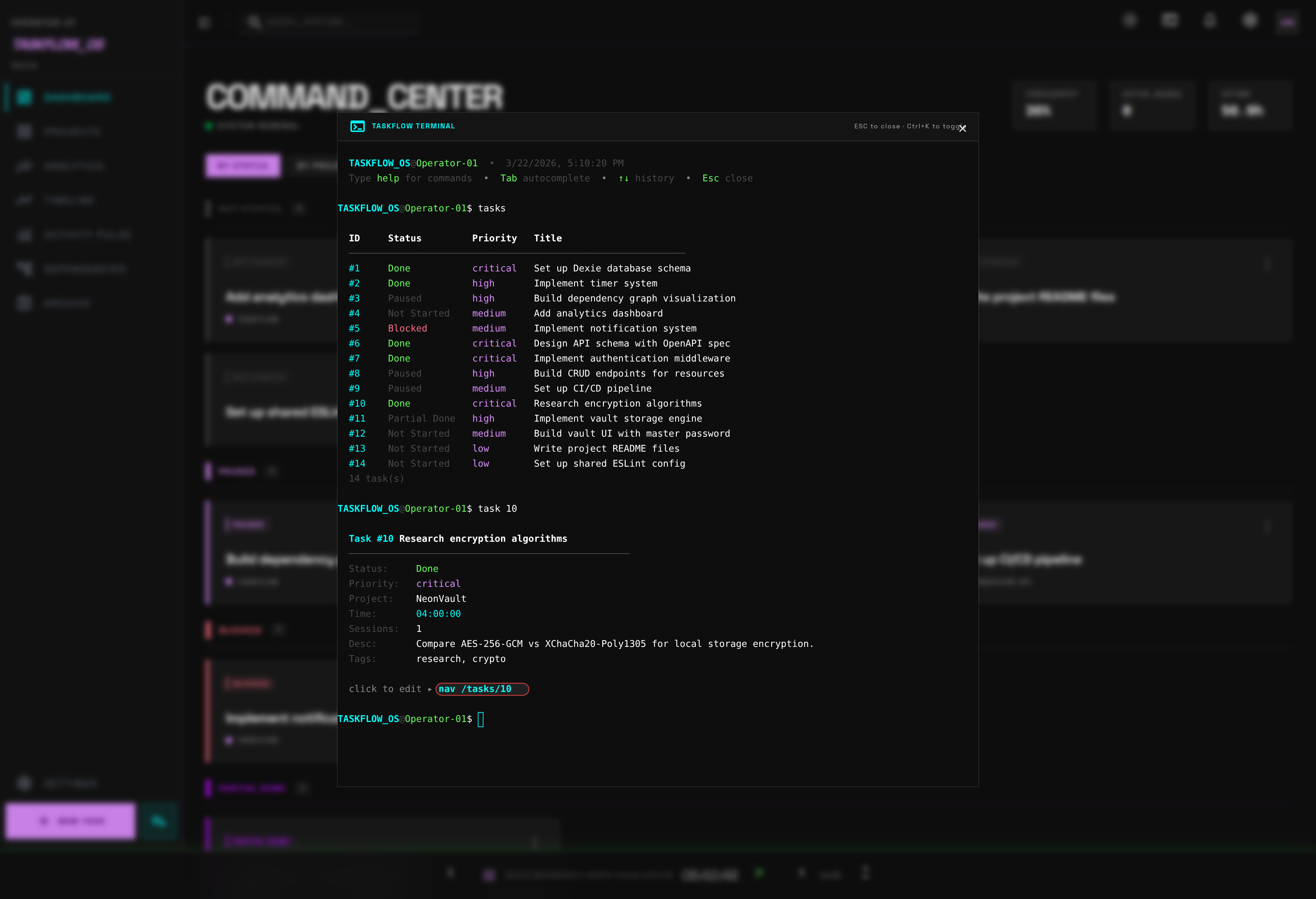 TaskFlow Terminal — Ctrl+K command palette with task list and detail view